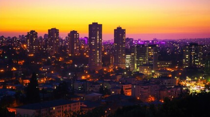 Obraz premium A vibrant city skyline at sunset, illuminated by city lights.