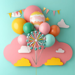 A colorful balloon bouquet with a carousel in the middle