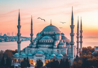 Fototapeta premium Majestic view of the Blue Mosque during sunset in Istanbul with birds flying over historical architecture and serene waterfront scenery