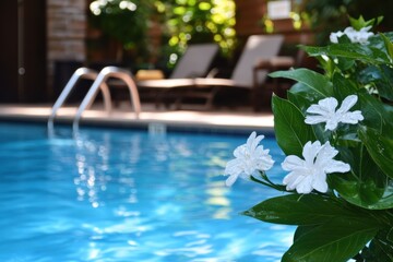 Tranquil oasis with shimmering blue waters and blooming flowers in a serene poolside retreat at midday