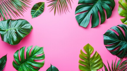 Tropical Paradise: Vibrant Pink Background with Lush Green Monstera Leaves
