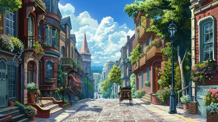 Fototapeta premium A picturesque street scene with charming buildings and lush greenery.