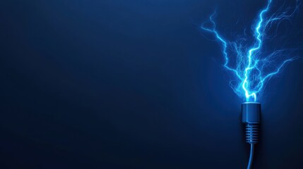 Electric energy surge from a power plug on a dark blue background for technology and electricity concepts