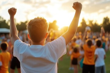 Joyful celebration of victory at a youth sports event during sunset in a vibrant atmosphere