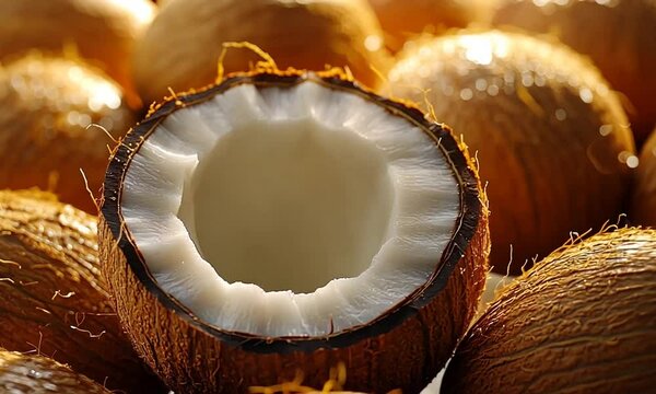 A close-up of a halved coconut surrounded by whole coconuts, showcasing its inner texture.