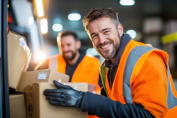 Smiling workers efficiently loading packages into a delivery van during the morning shift in a bustling warehouse