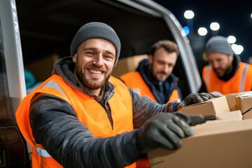 Happy delivery crew working late at night under bright lights while loading packages into a truck