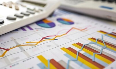 A close-up of financial data analysis with charts and a calculator.