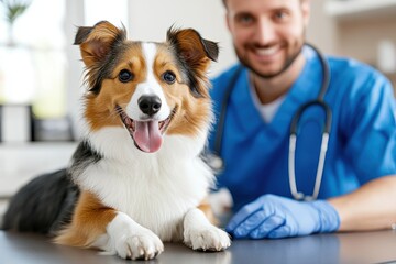 Caring vet provides a friendly checkup to a cheerful corgi at an animal clinic on a sunny afternoon