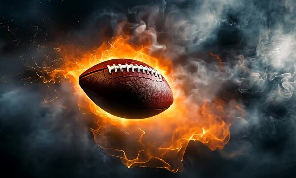 A football surrounded by flames and sparks, symbolizing energy and excitement.
