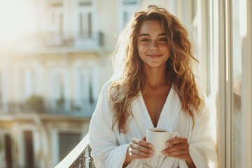 Enjoying a serene morning coffee on a sunlit balcony in a charming urban setting