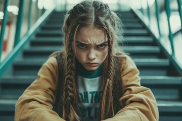 Intense moment of determination captured in a staircase setting with a young girl expressing deep focus