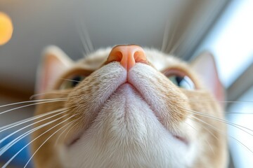 Curious feline gazes up, showcasing a charming perspective in a cozy indoor setting