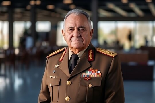 Portrait of a senior military man in uniform at the airport.