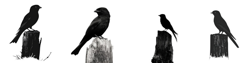 Fototapeta premium Black birds perched on wooden stumps against a soft background showcasing their elegant poses and features in nature