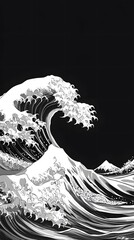 Monochrome Illustration of a Wave and Mountains