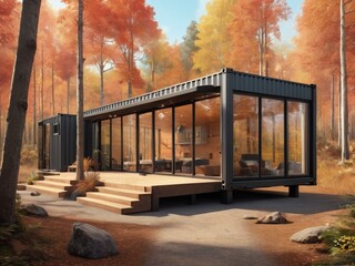 Fototapeta premium A container home with floor to ceiling glass windows in an autumn forest setting