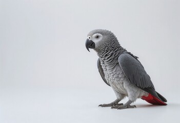 Fototapeta premium A striking African Grey Parrot stands elegantly against a plain white backdrop, showcasing its intricate grey and red plumage.