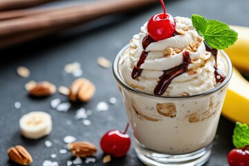 Delightful dessert creation featuring creamy banana mousse topped with cherry, chocolate drizzle, and crunchy granola on a rustic backdrop