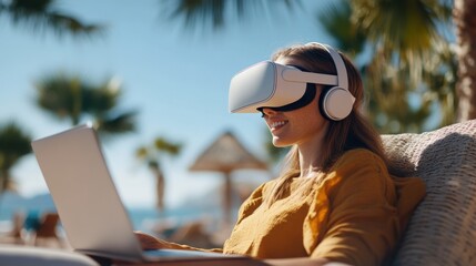 Woman Enjoying Virtual Reality Experience on a Sunny Beach While Using Laptop with Headset