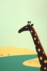 Playful Illustration of a Tall Giraffe with a Patterned Neck Against a Serene Landscape in Soft Pastel Colors