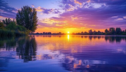 Obraz premium Serene sunset over a tranquil lake, reflecting vibrant colors.