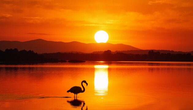 Flamingo silhouette walking in tranquil water at sunset, evening reflection