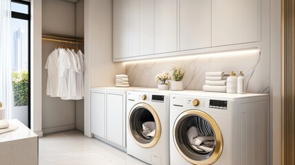 Modern Laundry Room with Washing Machines, White Cabinets, and Natural Light Streaming In