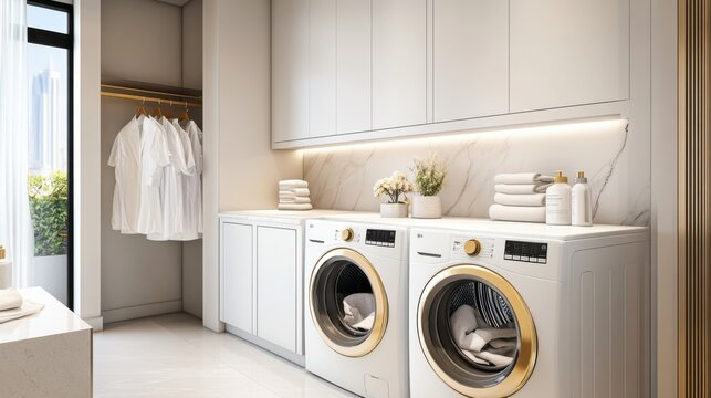 Modern Laundry Room with Washing Machines, White Cabinets, and Natural Light Streaming In