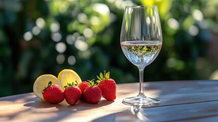 Half-filled wine glass resting beside a variety of fresh fruits, symbolizing balance and enjoyment in life's simple pleasures.