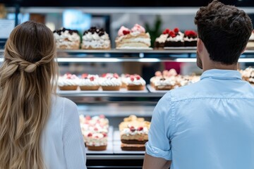 Couple admiring delicious desserts at a cozy bakery on a sunny afternoon