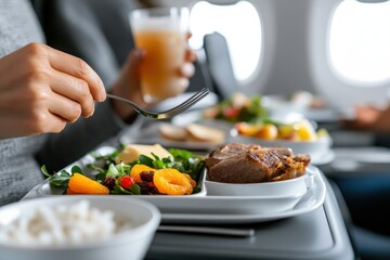 Enjoying a delicious in-flight meal while soaring through the skies above scenic landscapes