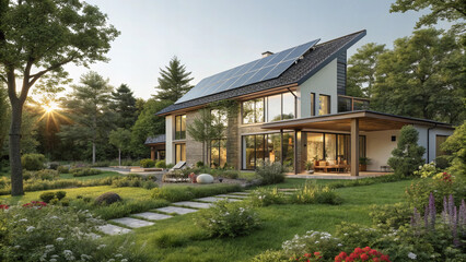 modern home featuring solar panels, surrounded by lush greenery and vibrant flowers, showcasing sustainable living and harmony with nature