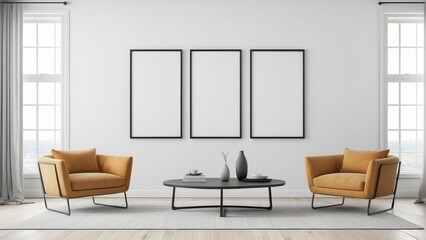 Fototapeta premium living room design with frame, minimalist chairs, white wall