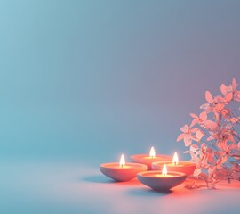 Tranquil Evening Scene with Soft Blue Background, Floating Candles in Bowls and Delicate Leaves for Relaxation and Meditation Inspiration