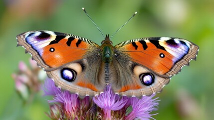 Obraz premium A colorful butterfly perched on a flower, showcasing its vibrant wings and intricate patterns.