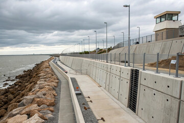 Fototapeta premium resilient infrastructure project designed to protect against flooding, featuring concrete barrier along coastline with watchtower and rocky shoreline