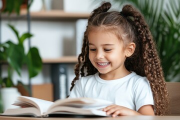 Joyful child reads a book in a cozy indoor space filled with greenery and sunlight during a serene afternoon
