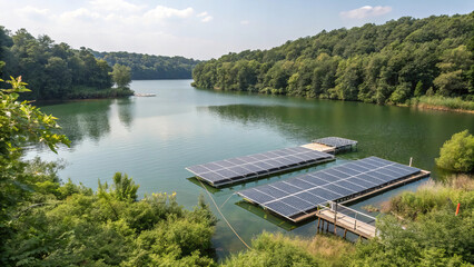 Fototapeta premium serene lake with solar panels on floating dock, surrounded by lush greenery and trees, reflecting commitment to sustainable energy and nature conservation