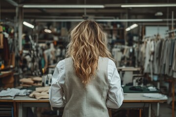 Creative designer analyzing fabric choices in a bustling textile workshop during the afternoon light
