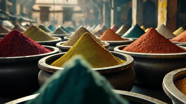 Vibrant spice market with colorful mounds of spices in traditional containers during daylight