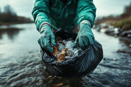 Efforts to clean a river as volunteers collect litter to protect the environment and preserve wildlife