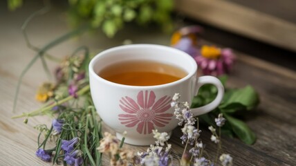 Cup of herbal tea surrounded by wildflowers and fresh herbs