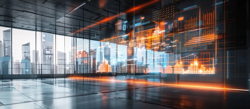 Modern office with futuristic data visualization projected onto glass wall overlooking city skyline.