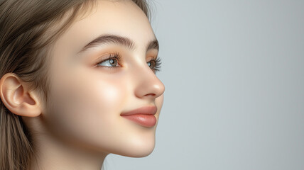 Fototapeta premium Attractive girl with copy space in profile portrait. 