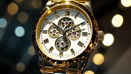 Elegant gold watch with intricate design displayed against a soft bokeh background