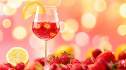 Half-filled wine glass resting beside a variety of fresh fruits, symbolizing balance and enjoyment in life's simple pleasures