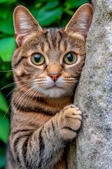 Obraz premium Curious striped cat posing beside a textured stone, looking directly at the camera with large expressive eyes