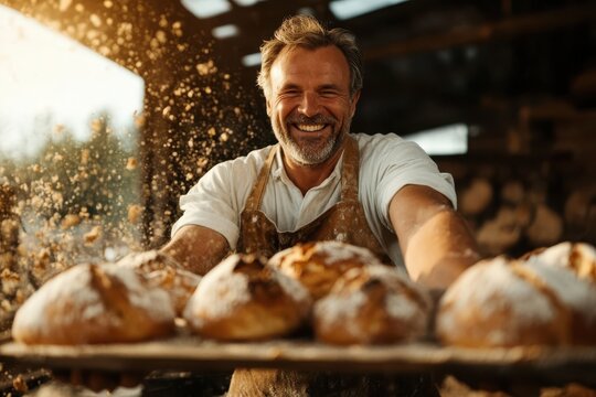 Joyful baker presenting freshly baked bread in a warm, rustic bakery during golden hour