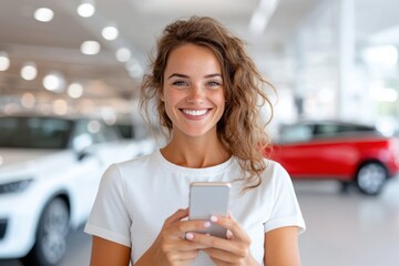 Excitement sparkles as a young woman engages with her smartphone in a modern car dealership